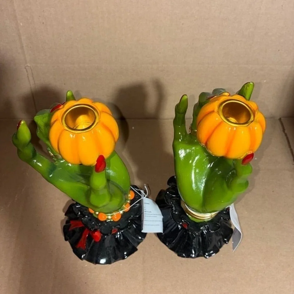 Set of 2 Green Witch Hand Pumpkin Candlestick Holders NWT
